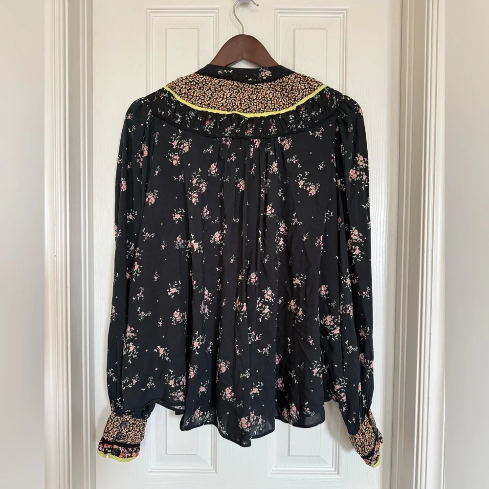 Free People Black Floral Button-Front Blouse with Neon Trim